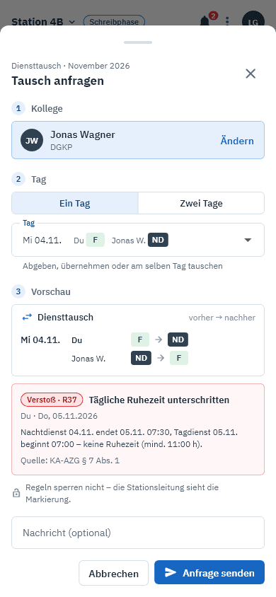 Diensttausch anfragen mit Vorschau und Regelprüfung